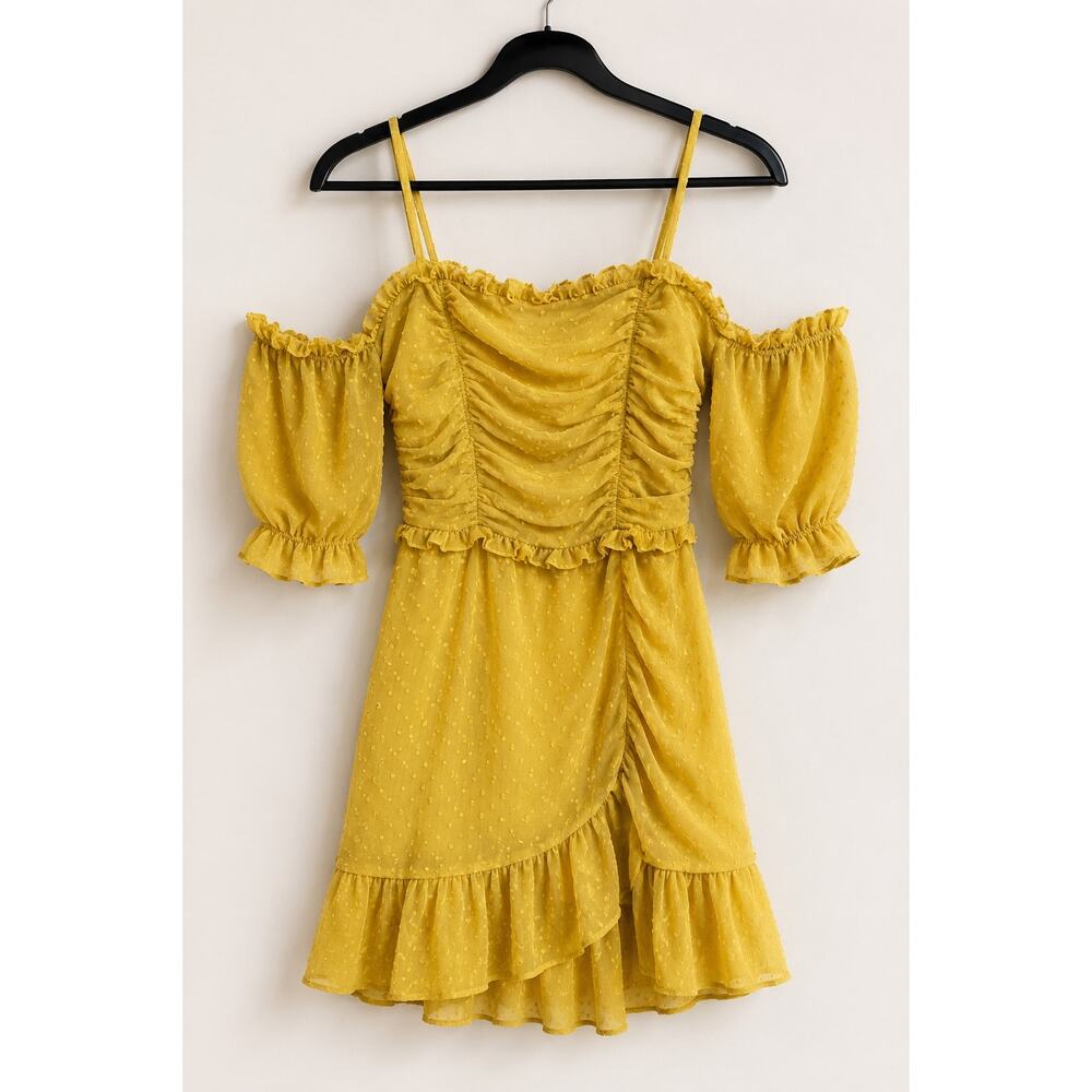 TOBI Chartreuse Ruched Off Shoulder Ruffle Mini Dress XS/S Cottagecore Fairycore